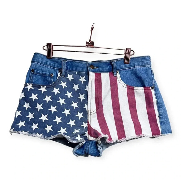 Forever 21 Womens American Flag Denim Mini Shorts Sz 28 July Sexy Beach Summer - Picture 1 of 10